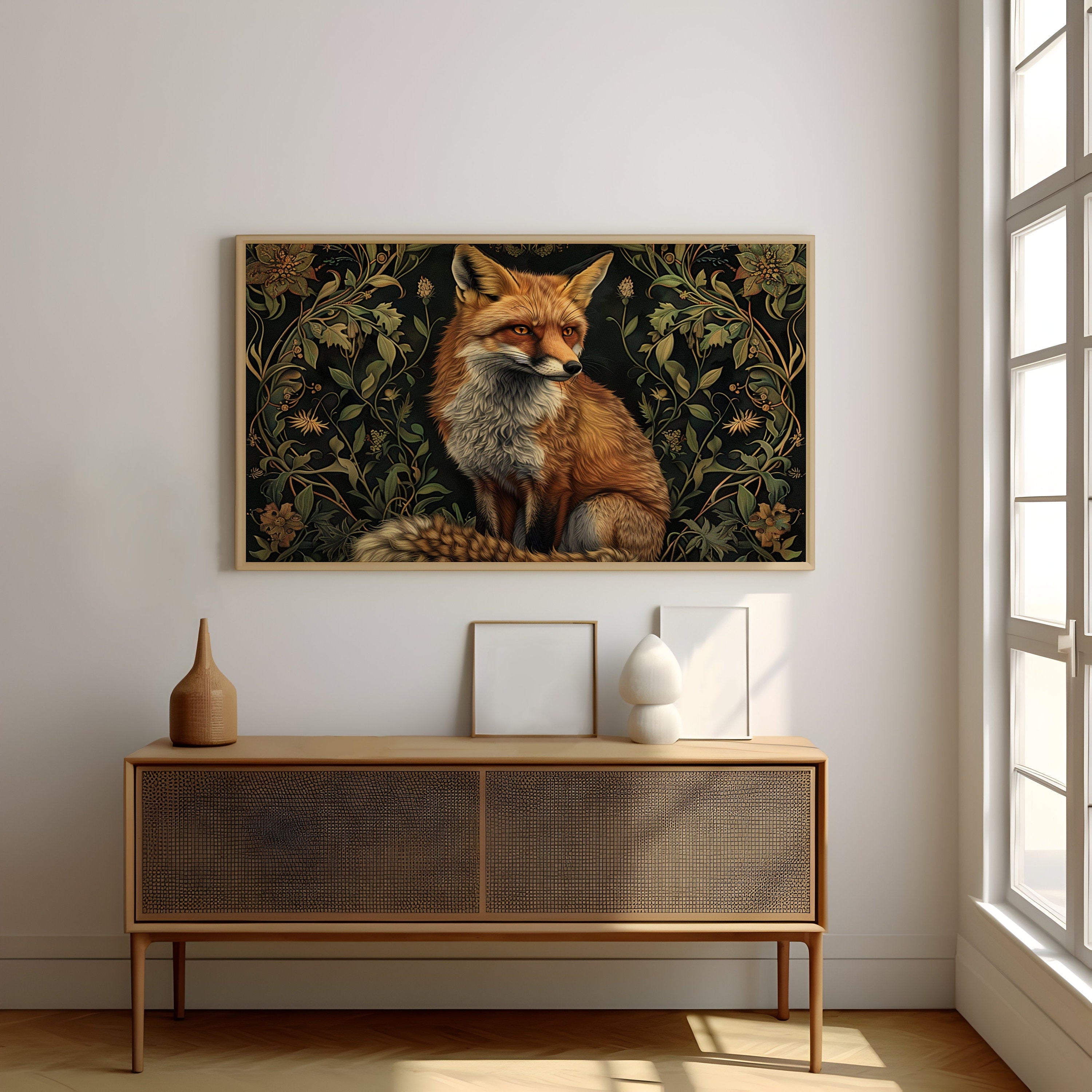 Majestic Red Fox Art Nouveau Elegance with Piercing Amber Eyes Interactive Wall Art