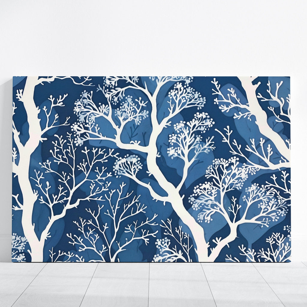 Delicate Trees White Stylized Trees on Blue Background in Batik Style Interactive Wall Art