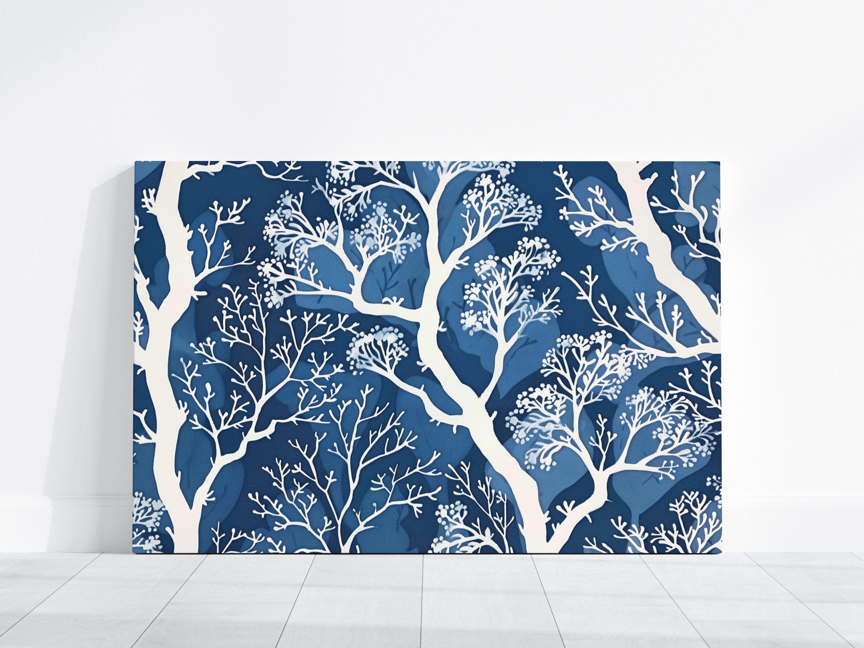 The Blue Forest: Delicate White Tree & Leaf Batik Pattern | Serene & Elegant Wall Decor