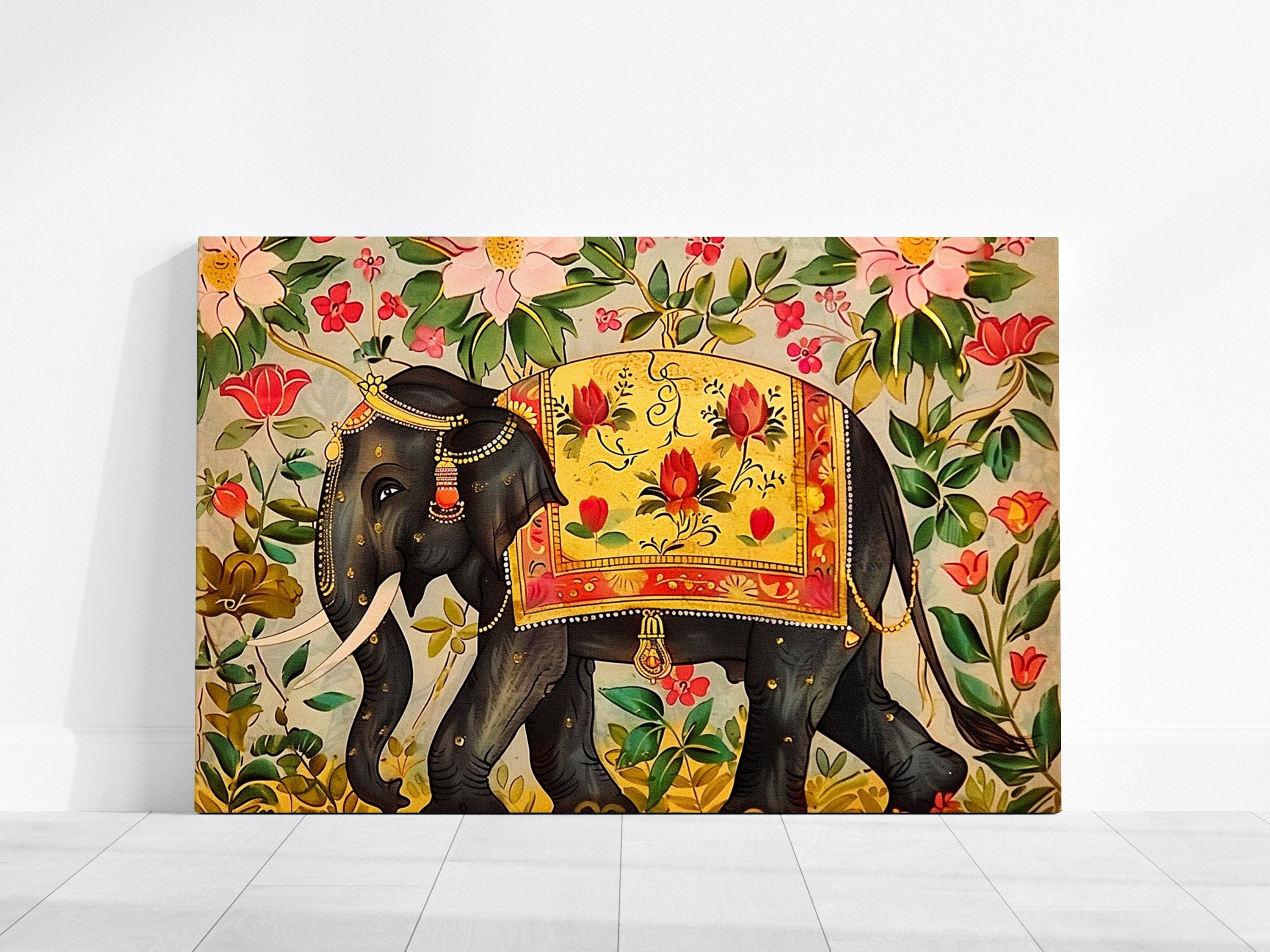 Regal Elephant Splendor Majestic Indian Elephant Adorned with Ornate Lush Floral Interactive Wall Art