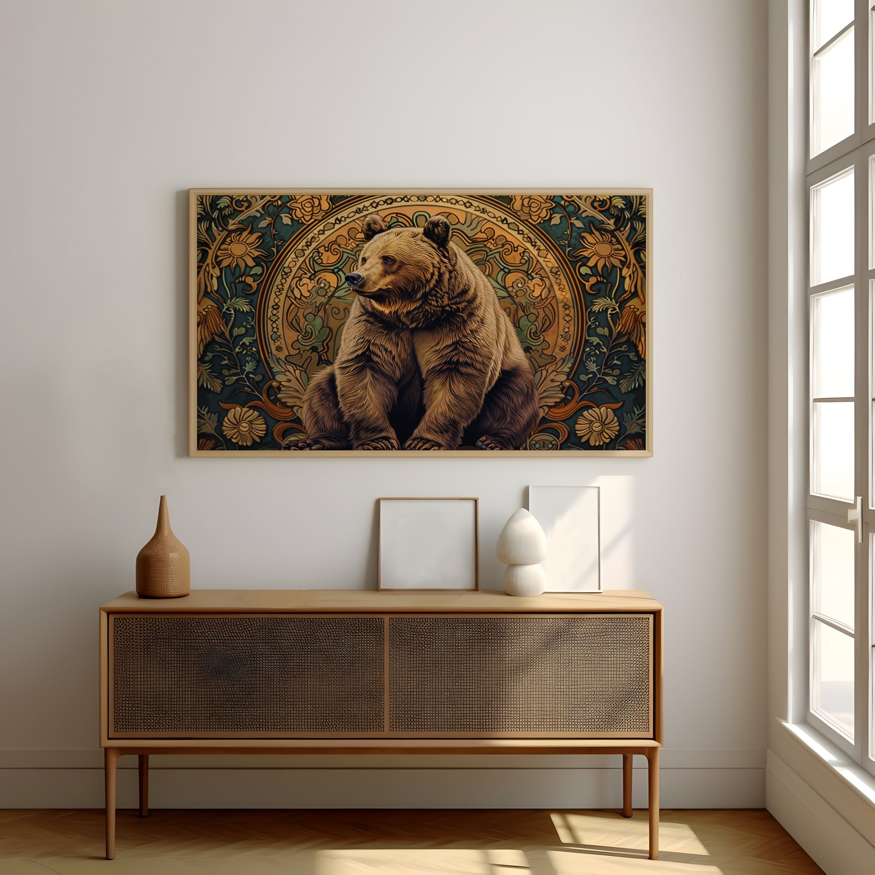 Majestic Brown Bear Ornate Art Nouveau Floral Tapestry Interactive Wall Art