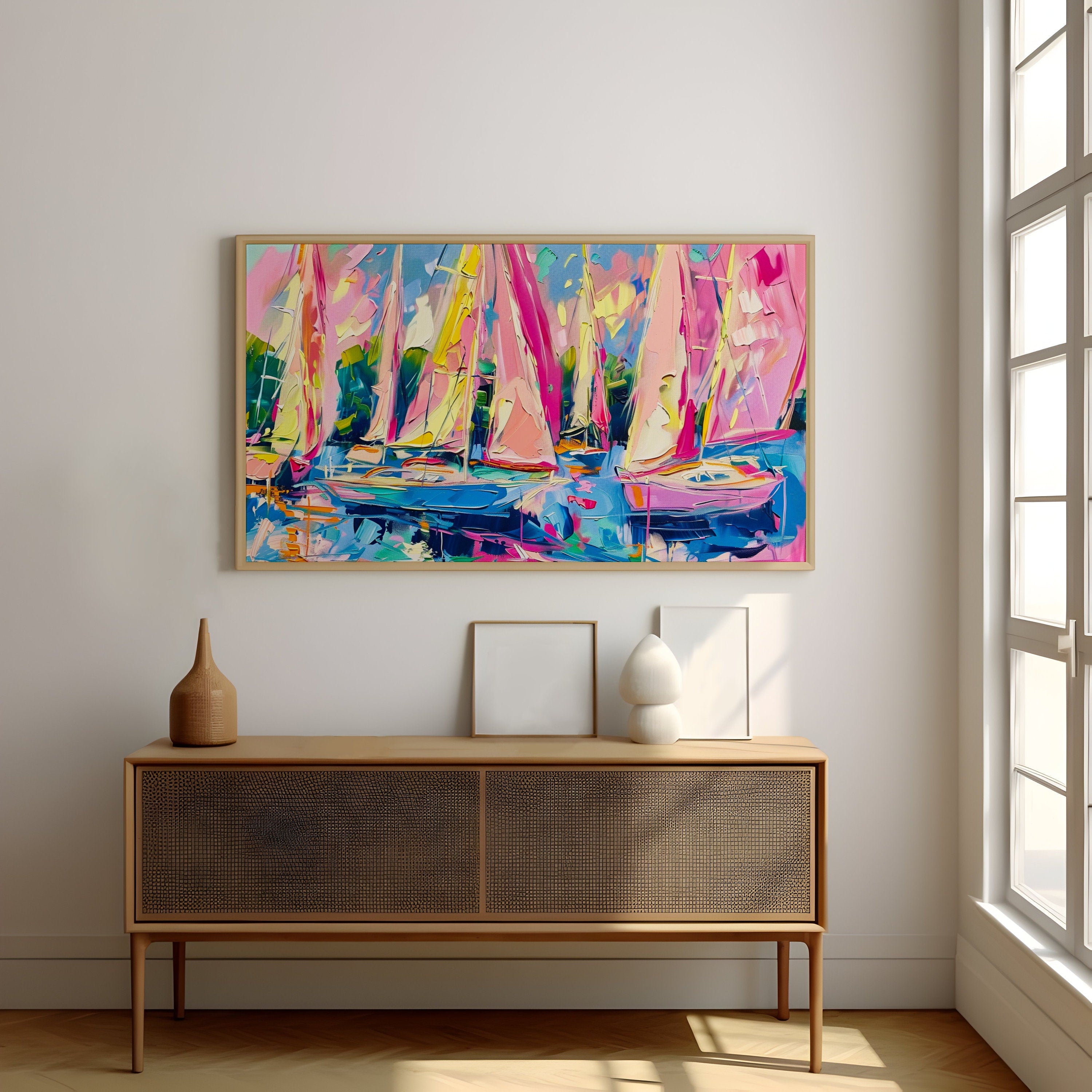 The Regatta: Impressionist Pink Sailboats on Blue Water | Vibrant & Joyful Coastal Art