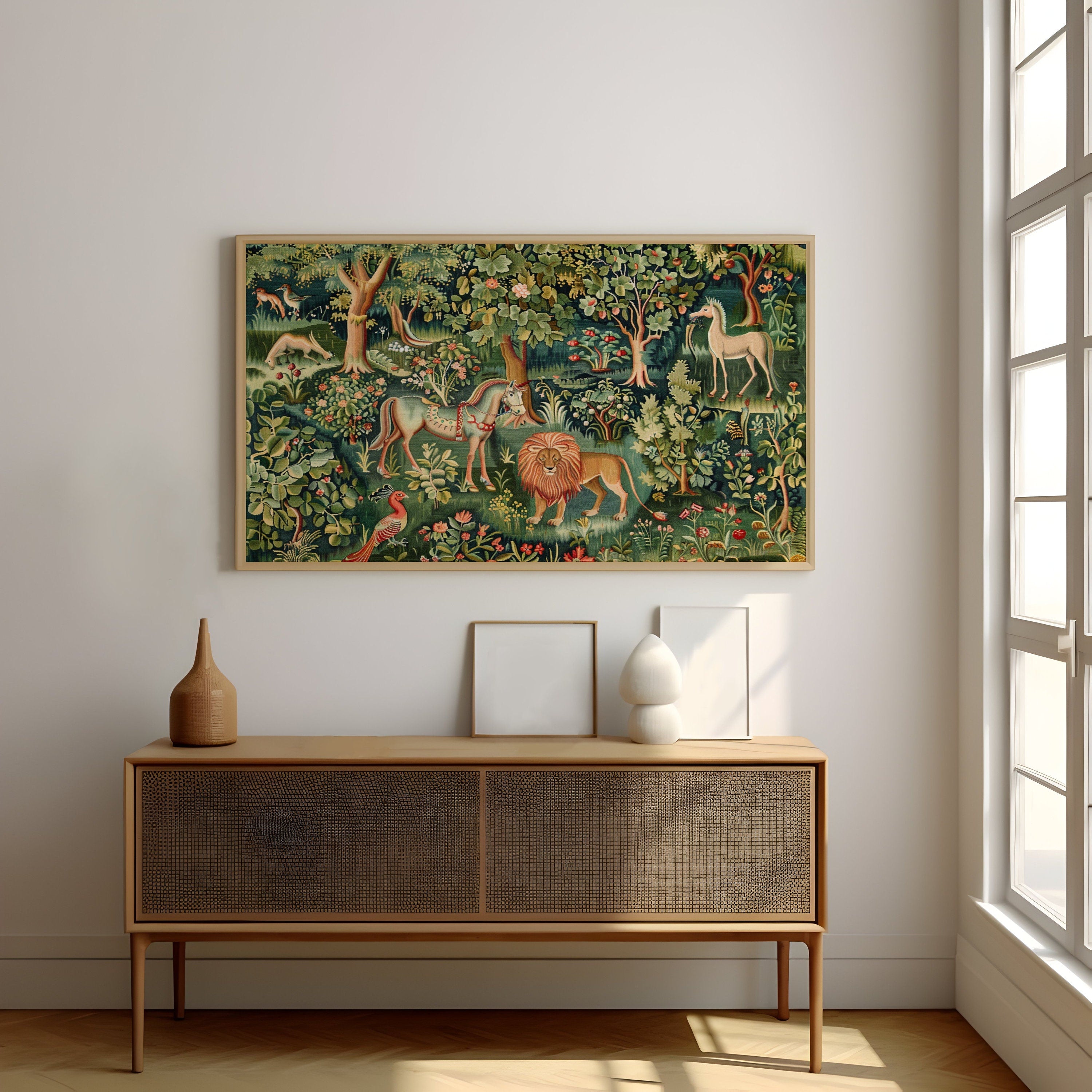 Medieval Wilderness Tapestry of Idyllic Forest Scene with Lion Interactive Wall Art