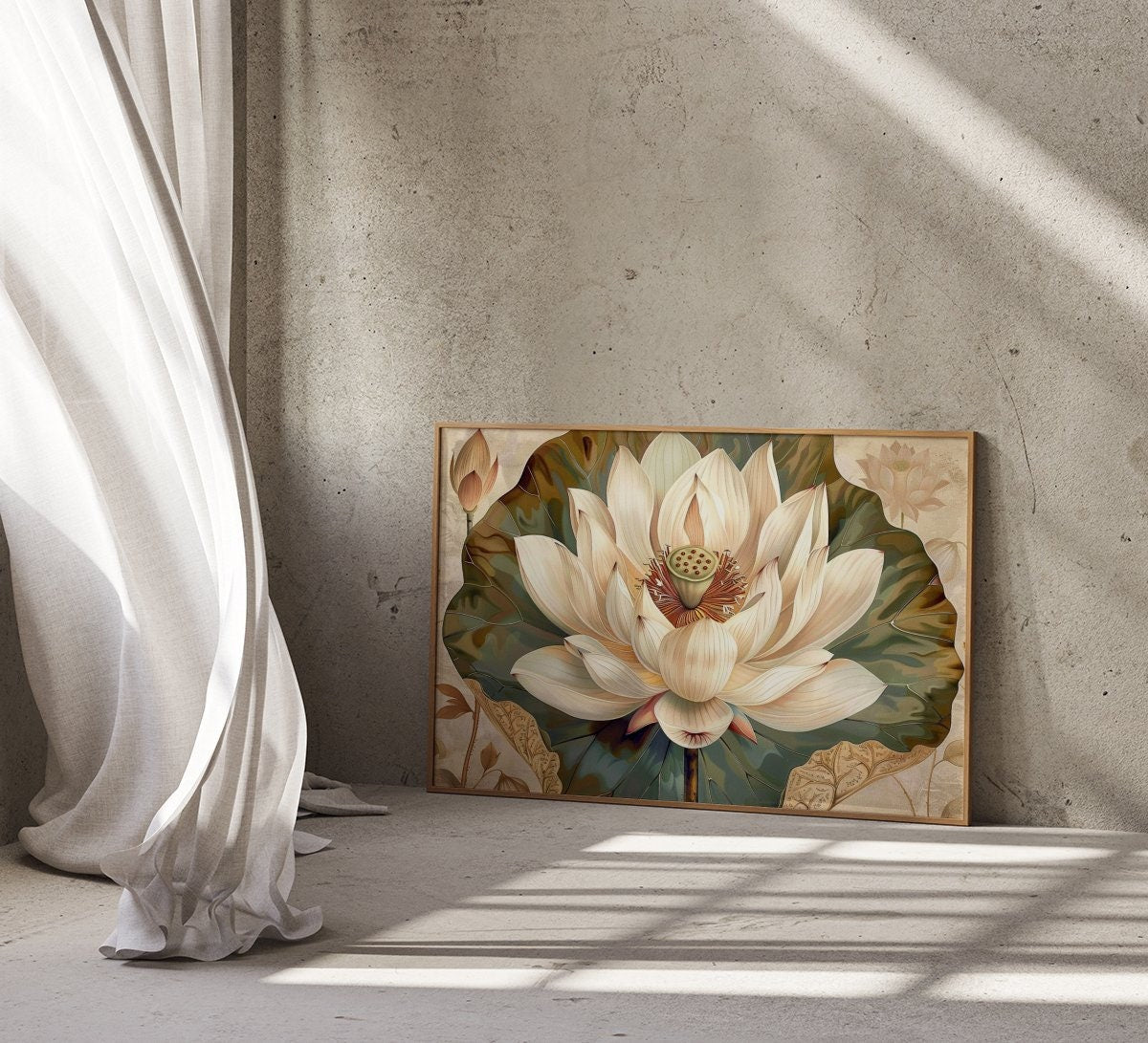 Ethereal Lotus Pristine White Lotus Bloom Against Antique Parchment Interactive Wall Art