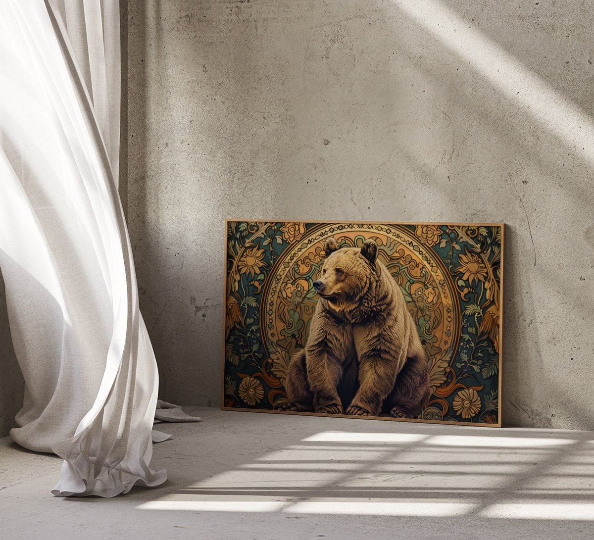 Majestic Brown Bear Ornate Art Nouveau Floral Tapestry Interactive Wall Art