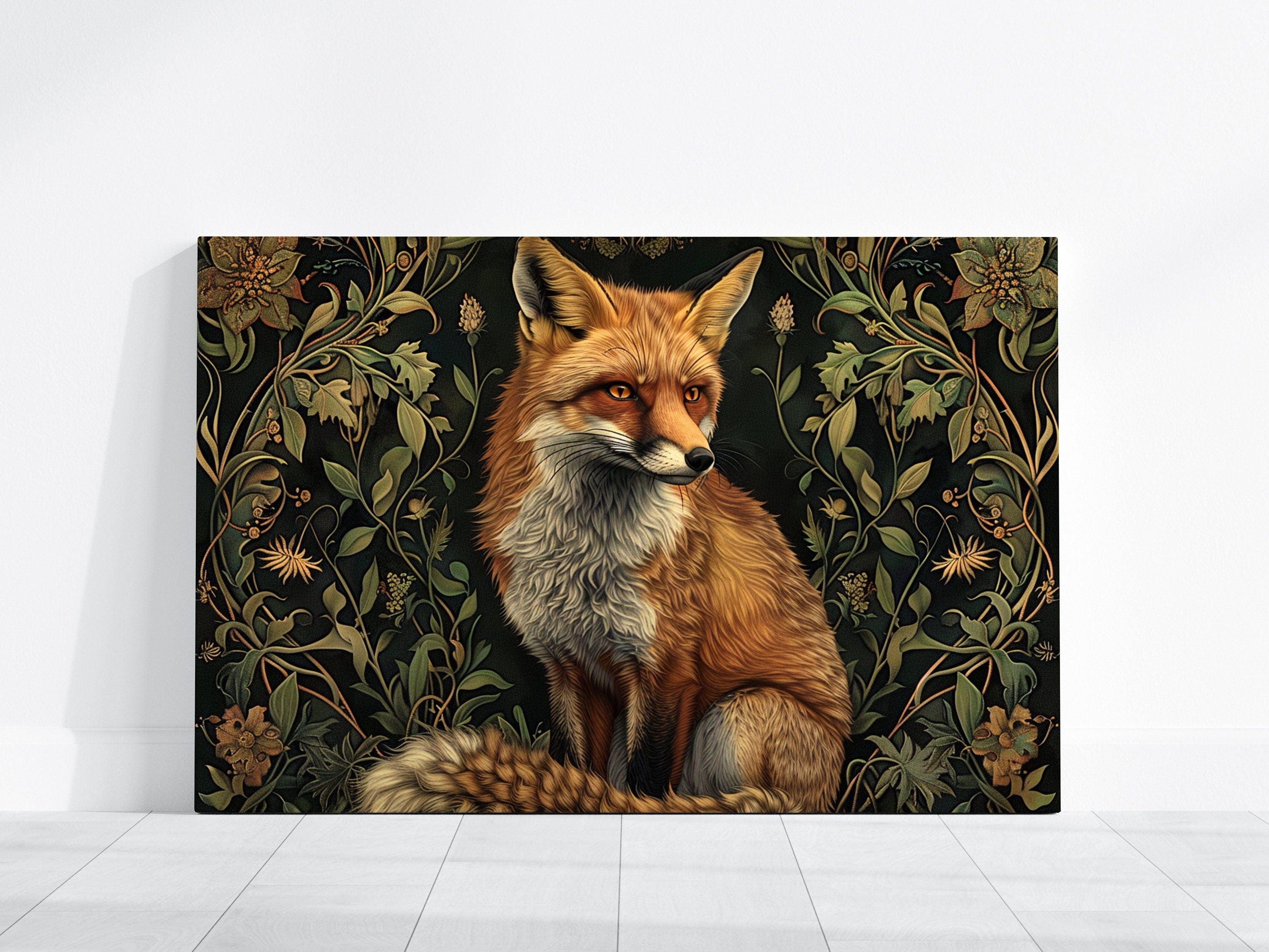 Majestic Red Fox Art Nouveau Elegance with Piercing Amber Eyes Interactive Wall Art