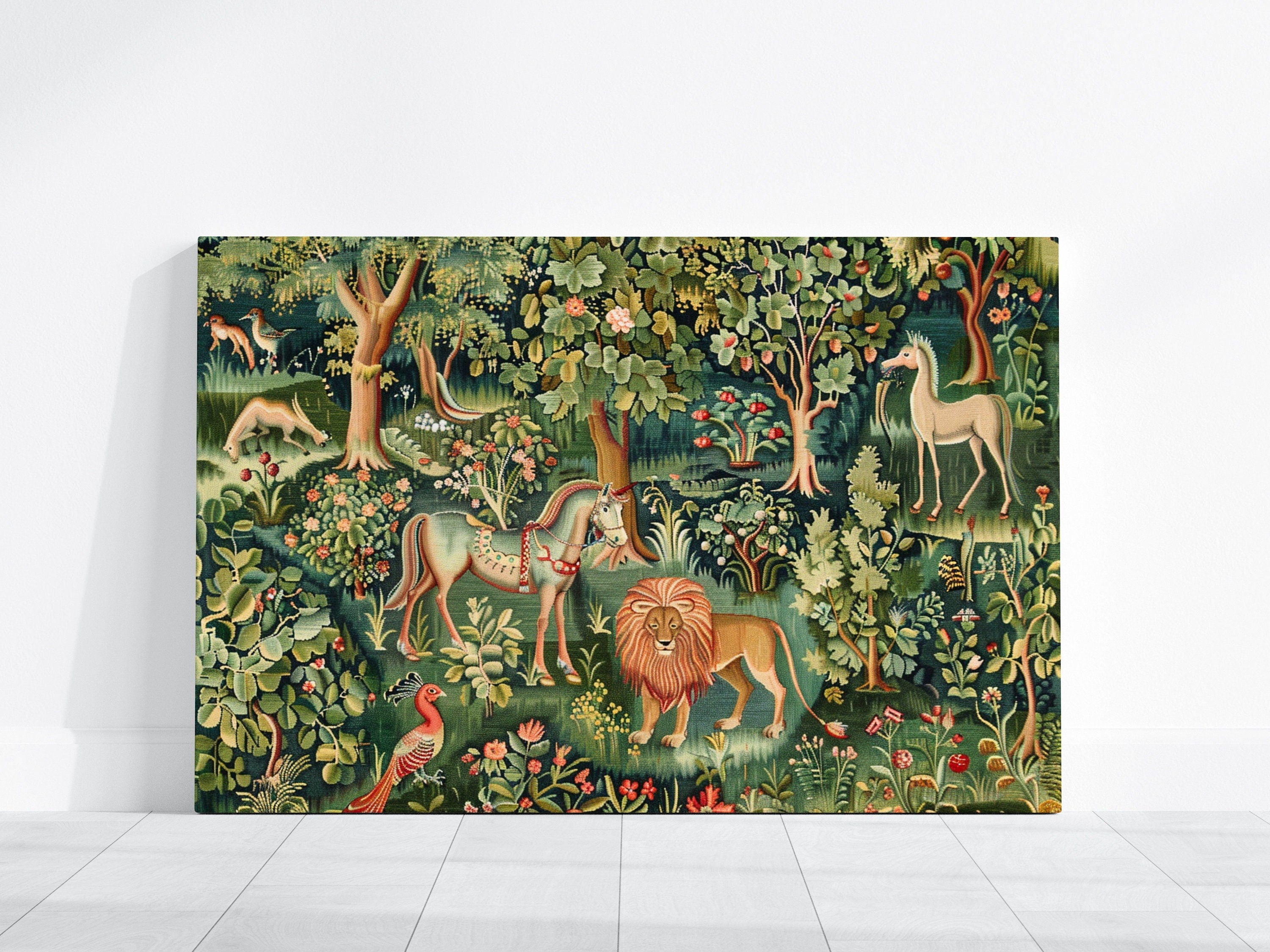 Medieval Wilderness Tapestry of Idyllic Forest Scene with Lion Interactive Wall Art