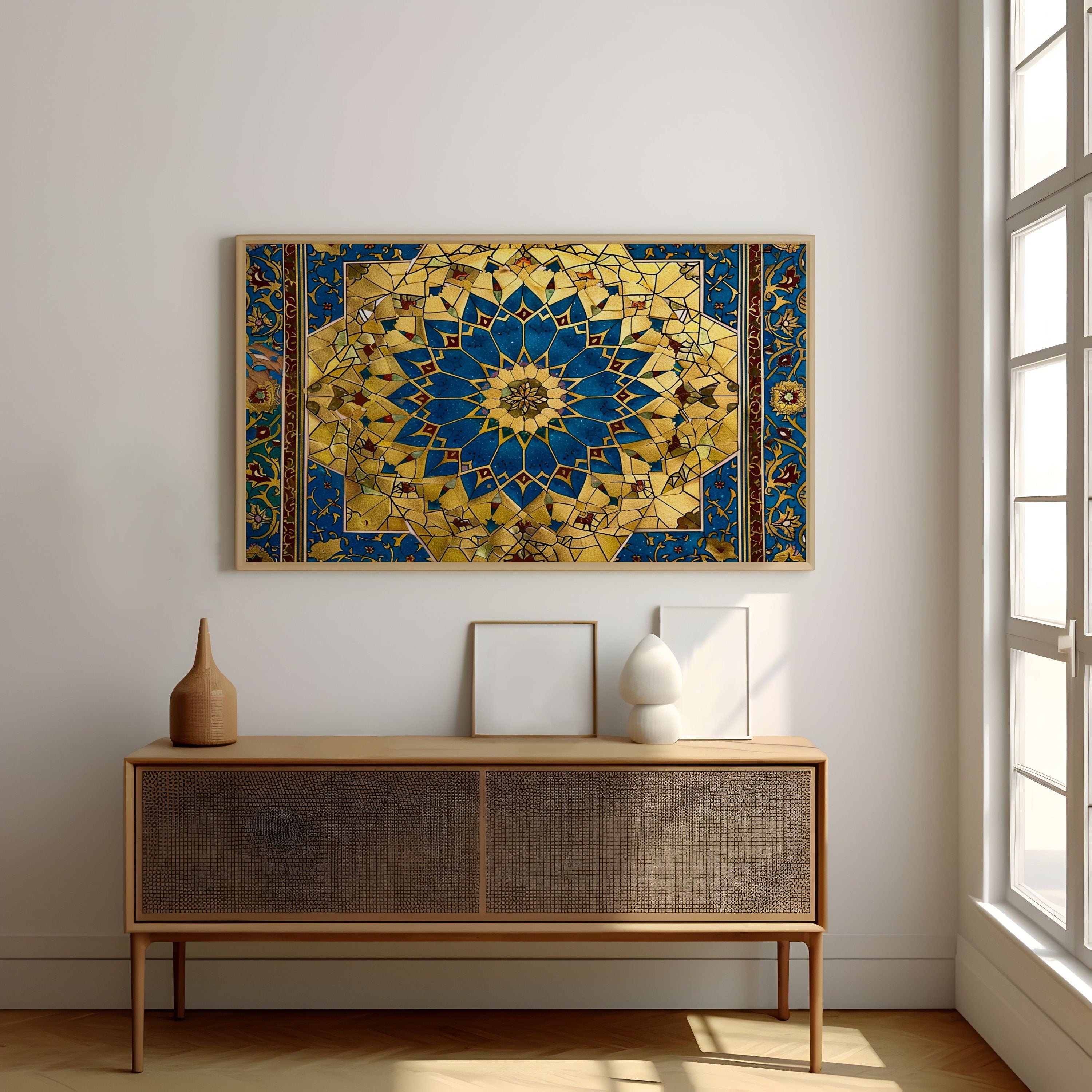 Persian Splendor: Blue & Gold Mosaic Art with Floral Motifs | Elegant & Traditional Wall Decor