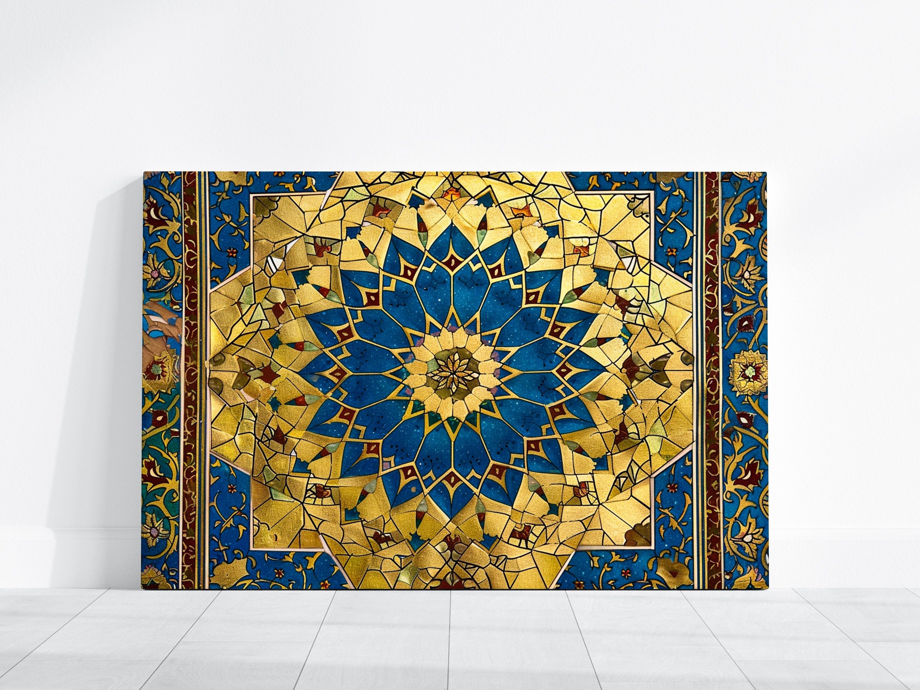 Persian Splendor: Blue & Gold Mosaic Art with Floral Motifs | Elegant & Traditional Wall Decor