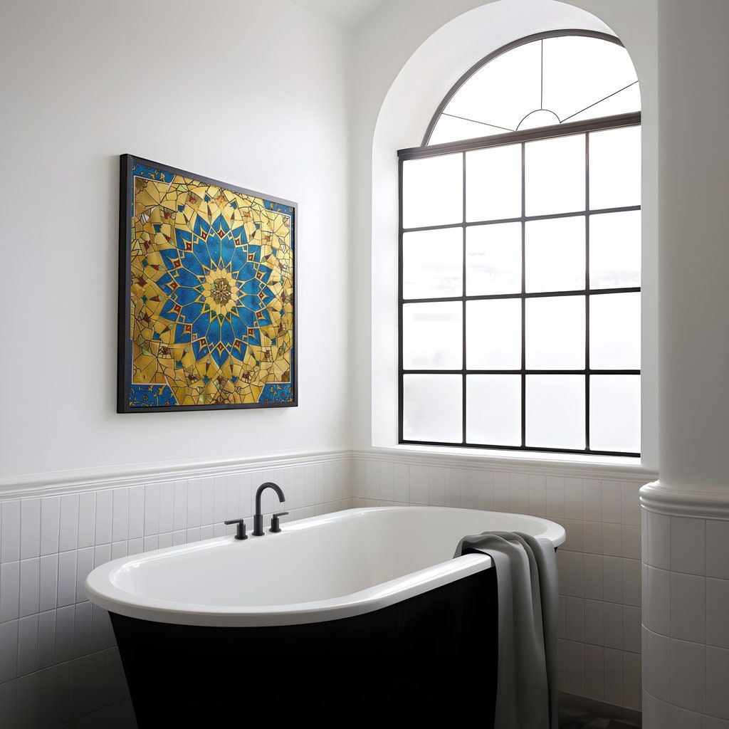 Persian Splendor: Blue & Gold Mosaic Art with Floral Motifs | Elegant & Traditional Wall Decor