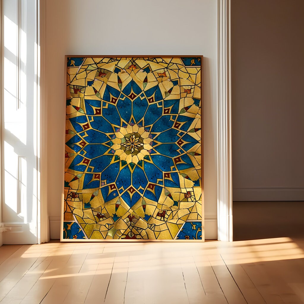 Persian Splendor: Blue & Gold Mosaic Art with Floral Motifs | Elegant & Traditional Wall Decor