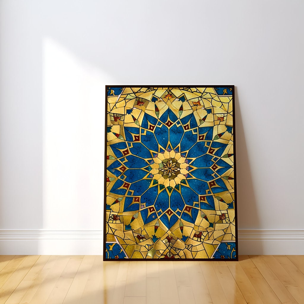 Persian Splendor: Blue & Gold Mosaic Art with Floral Motifs | Elegant & Traditional Wall Decor