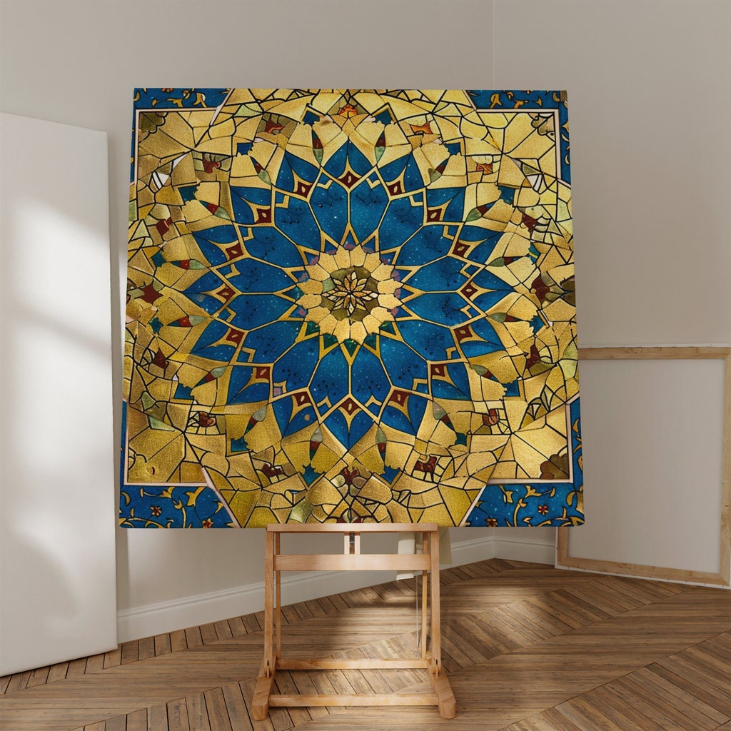 Persian Splendor: Blue & Gold Mosaic Art with Floral Motifs | Elegant & Traditional Wall Decor