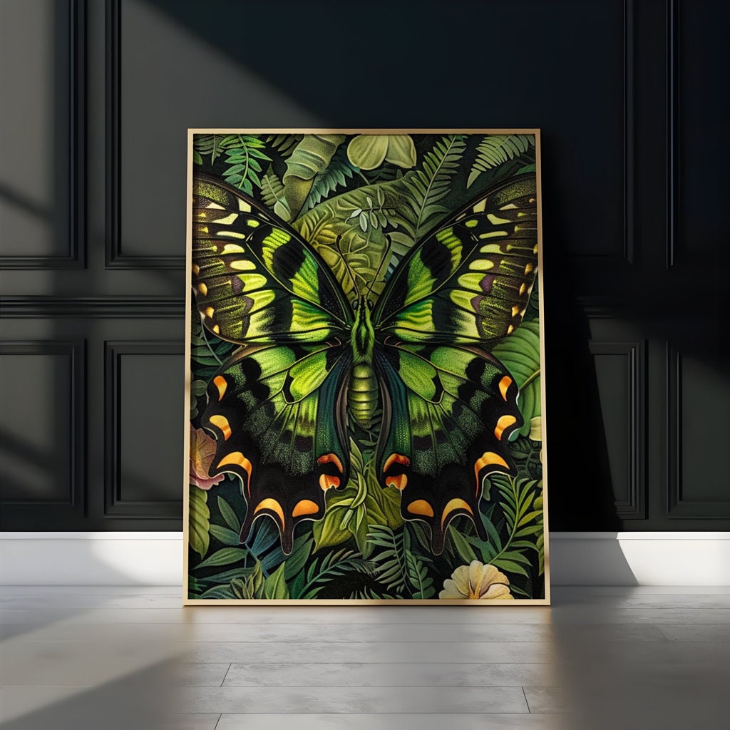 The Alchemist: Hyperrealistic Green & Black Butterfly Art | Vibrant & Lush Tropical Wall Decor