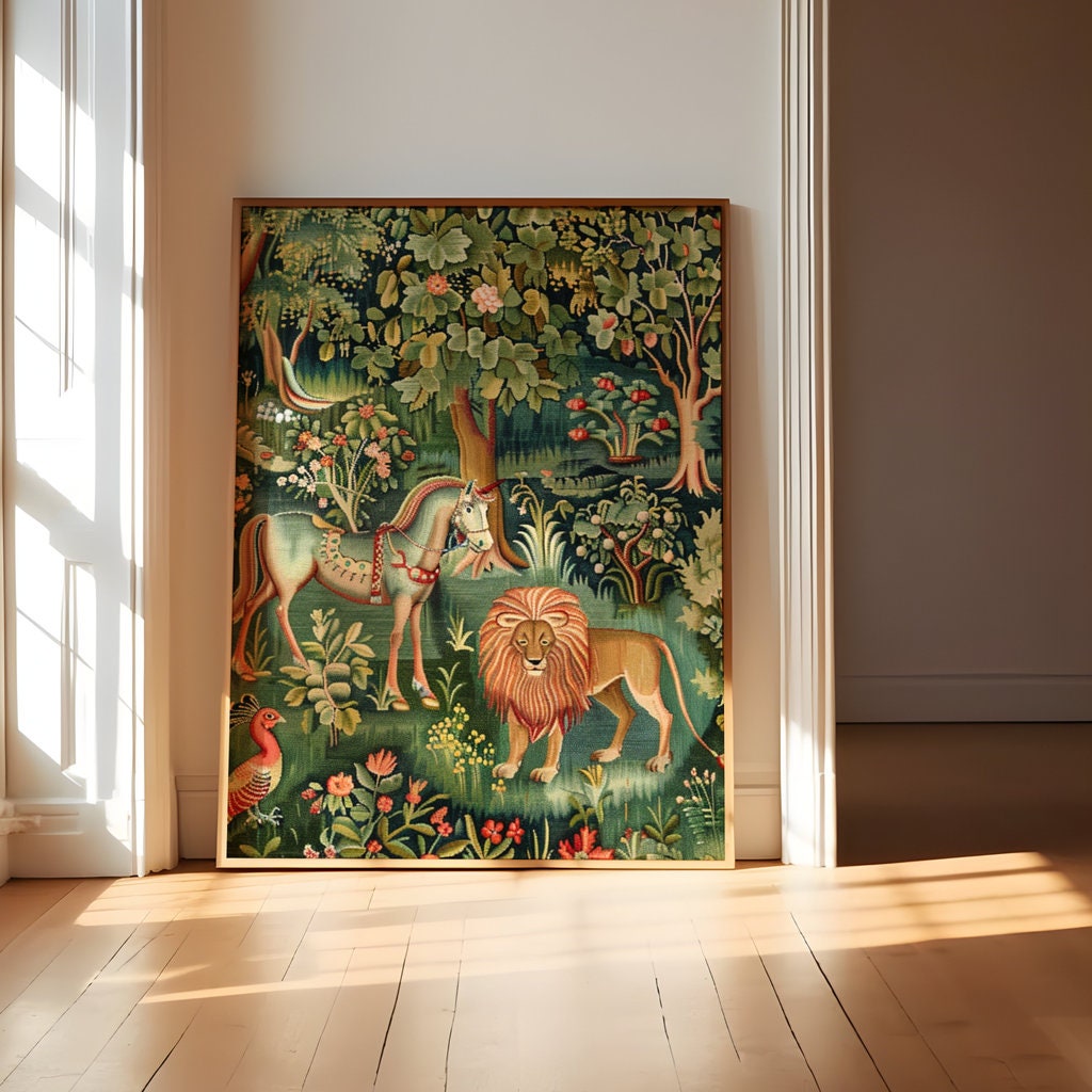 Medieval Wilderness Tapestry of Idyllic Forest Scene with Lion Interactive Wall Art