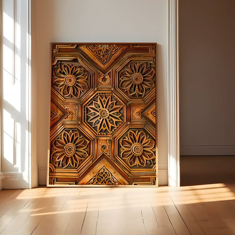 Ornate Ceiling Art – Intricate Geometric & Floral Wood Panel Artwork | Elegant Wall Decor