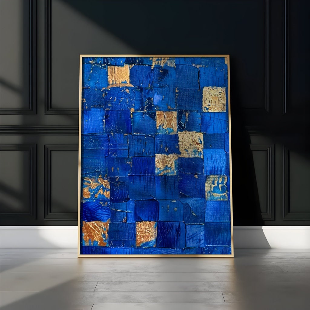 Golden Azure Intricate Mosaic Pattern of Blue and Gold Squares Interactive Wall Art