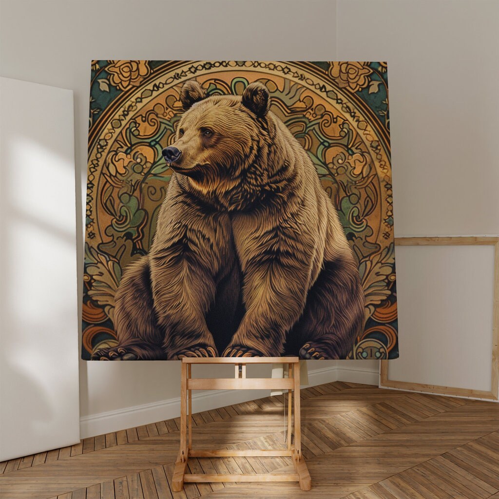 Majestic Brown Bear Ornate Art Nouveau Floral Tapestry Interactive Wall Art