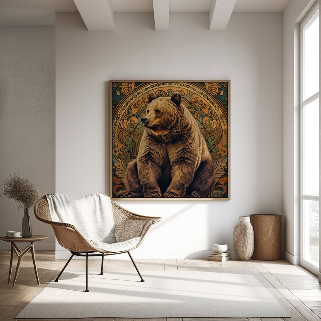 Majestic Brown Bear Ornate Art Nouveau Floral Tapestry Interactive Wall Art