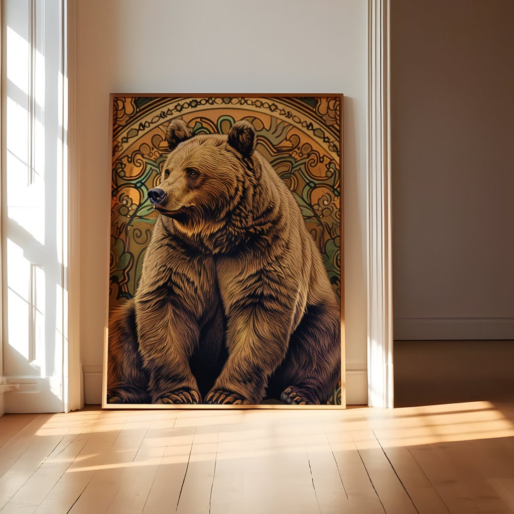 Majestic Brown Bear Ornate Art Nouveau Floral Tapestry Interactive Wall Art