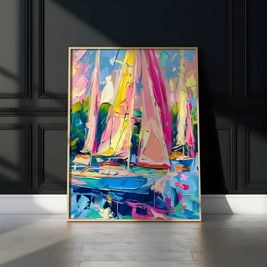 The Regatta: Impressionist Pink Sailboats on Blue Water | Vibrant & Joyful Coastal Art