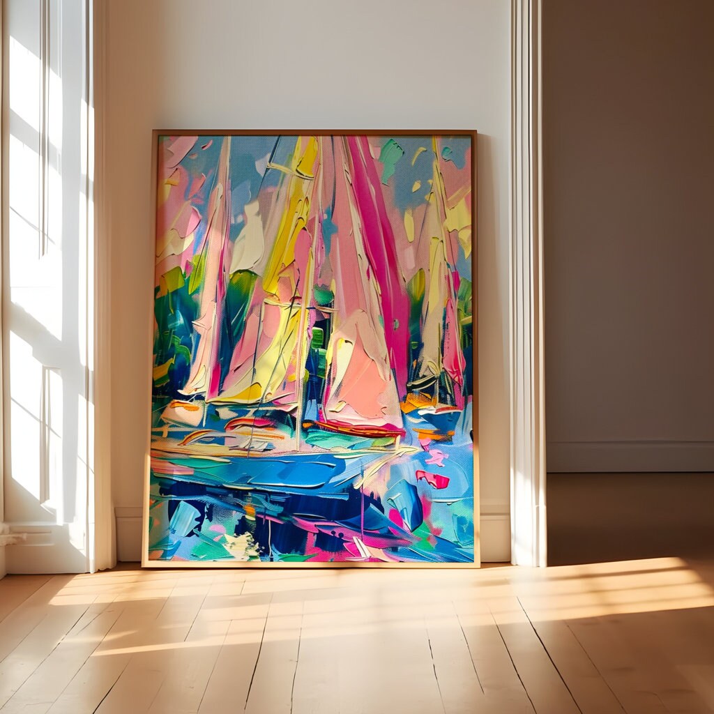 The Regatta: Impressionist Pink Sailboats on Blue Water | Vibrant & Joyful Coastal Art