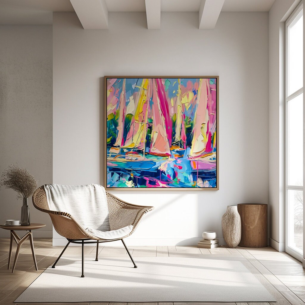 The Regatta: Impressionist Pink Sailboats on Blue Water | Vibrant & Joyful Coastal Art