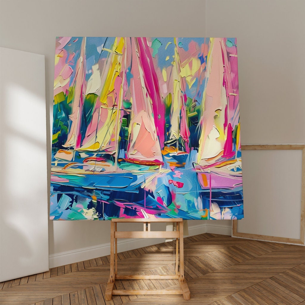The Regatta: Impressionist Pink Sailboats on Blue Water | Vibrant & Joyful Coastal Art