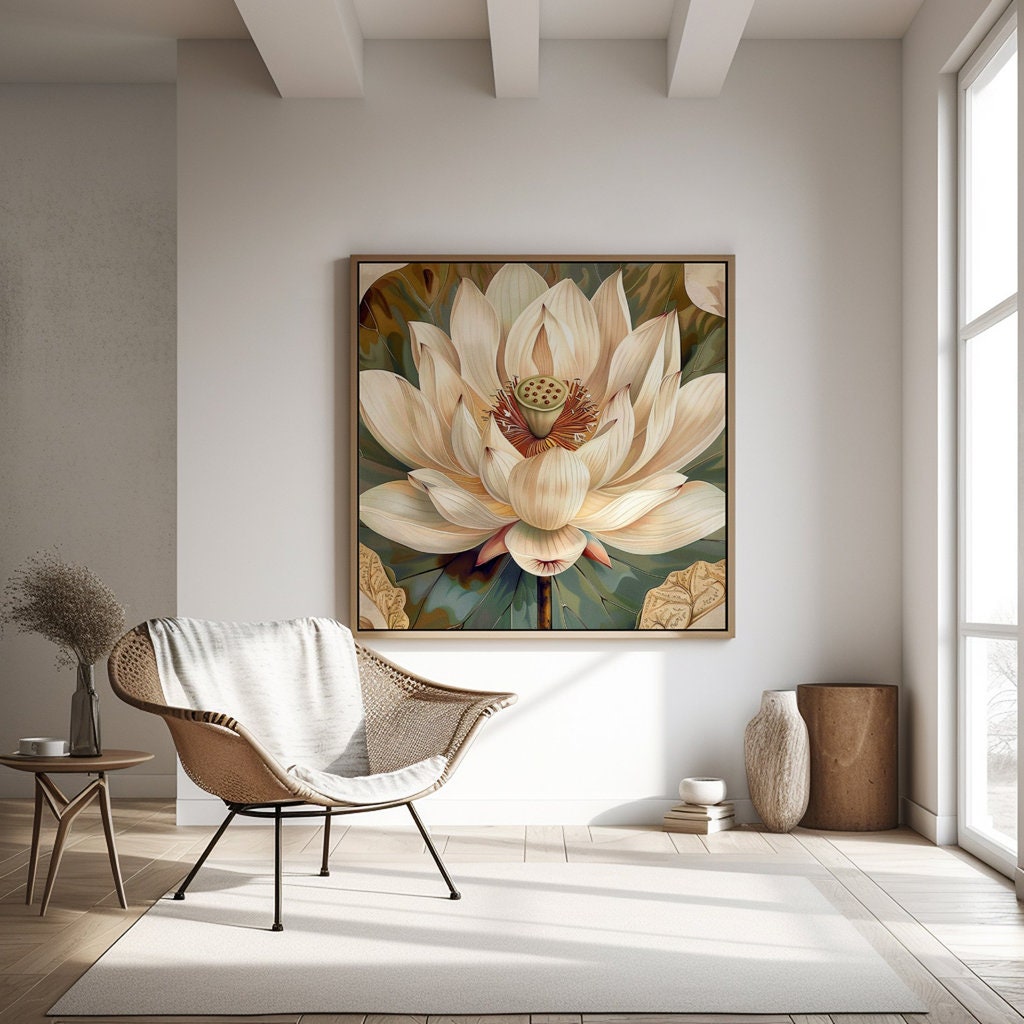 Ethereal Lotus: Serene White Flower on Antique Calligraphy | Zen & Spiritual Wall Art