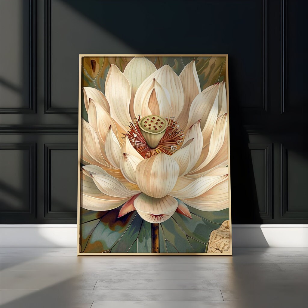 Ethereal Lotus: Serene White Flower on Antique Calligraphy | Zen & Spiritual Wall Art