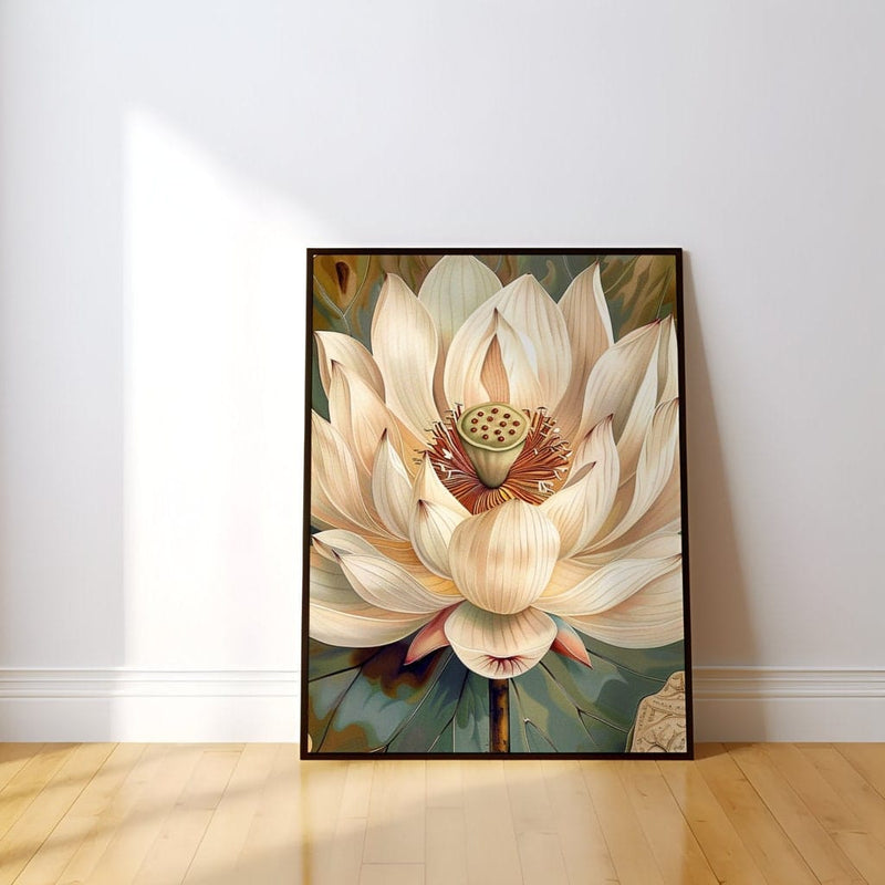 White Lotus Wall Art – Serene Lotus Print With Antique Calligraphy & Zen Flower Decor