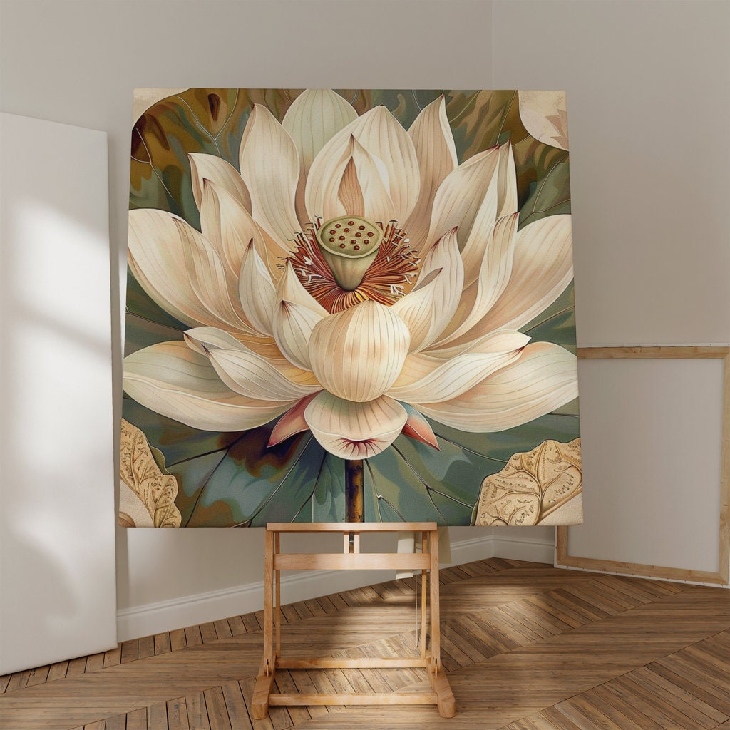 Ethereal Lotus: Serene White Flower on Antique Calligraphy | Zen & Spiritual Wall Art