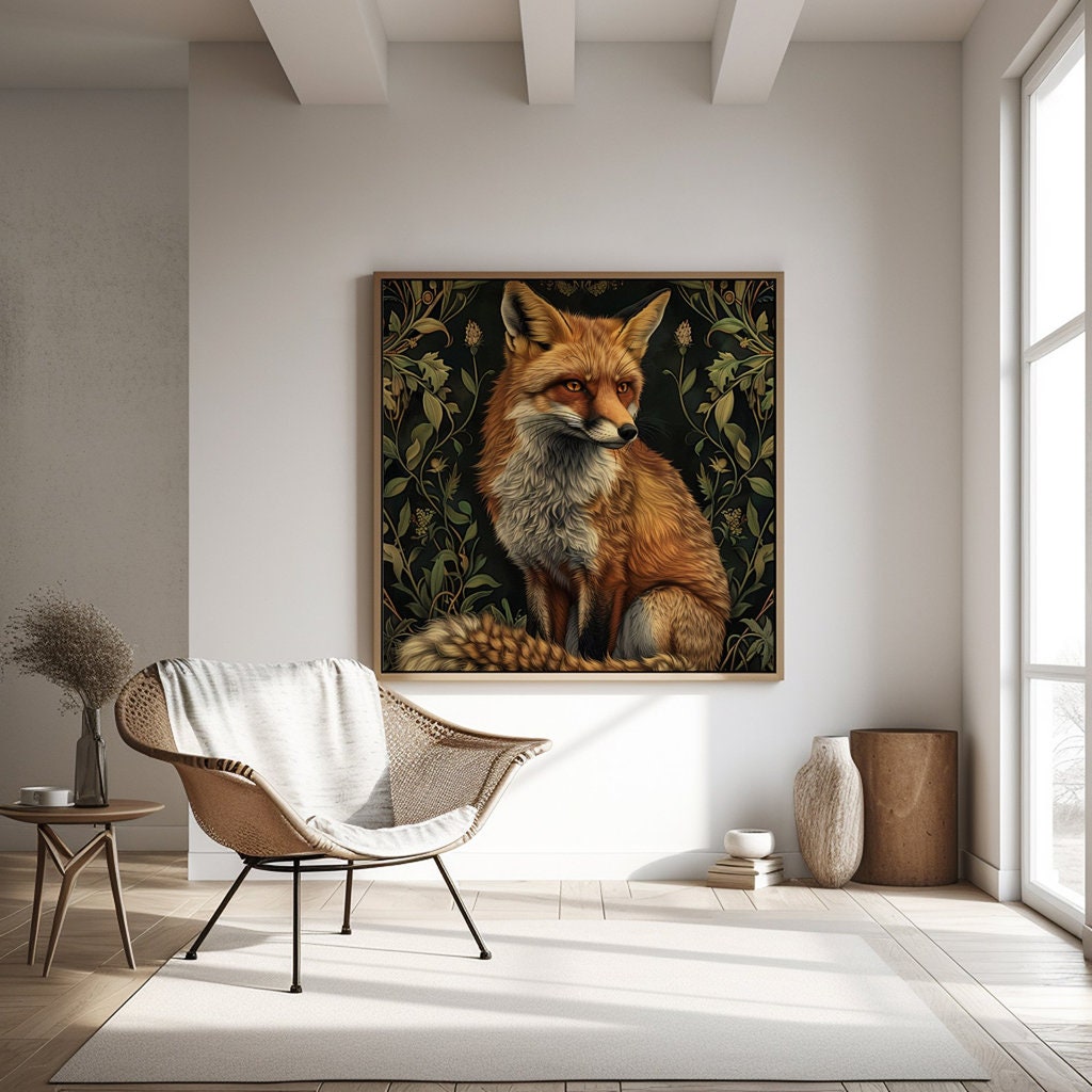 Majestic Red Fox Art Nouveau Elegance with Piercing Amber Eyes Interactive Wall Art