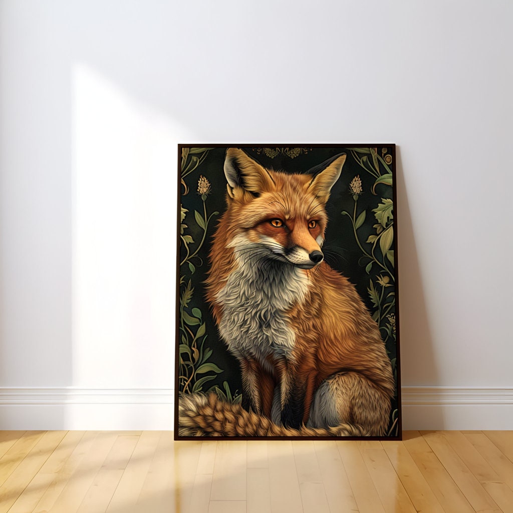 Majestic Red Fox Art Nouveau Elegance with Piercing Amber Eyes Interactive Wall Art