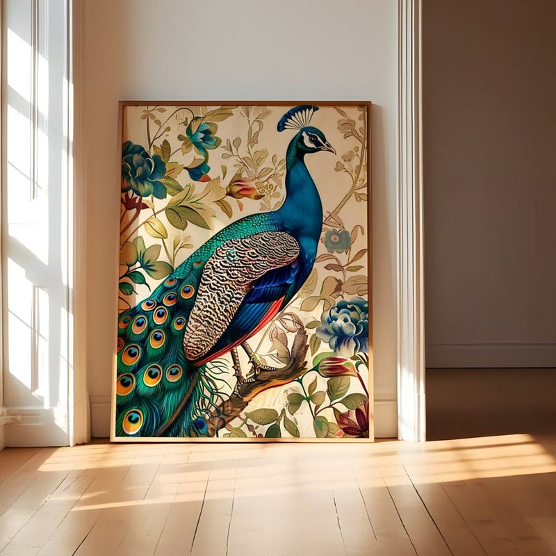 Majestic Peacock Wall Art - Vibrant Blue Green Interactive Floral Branch Painting
