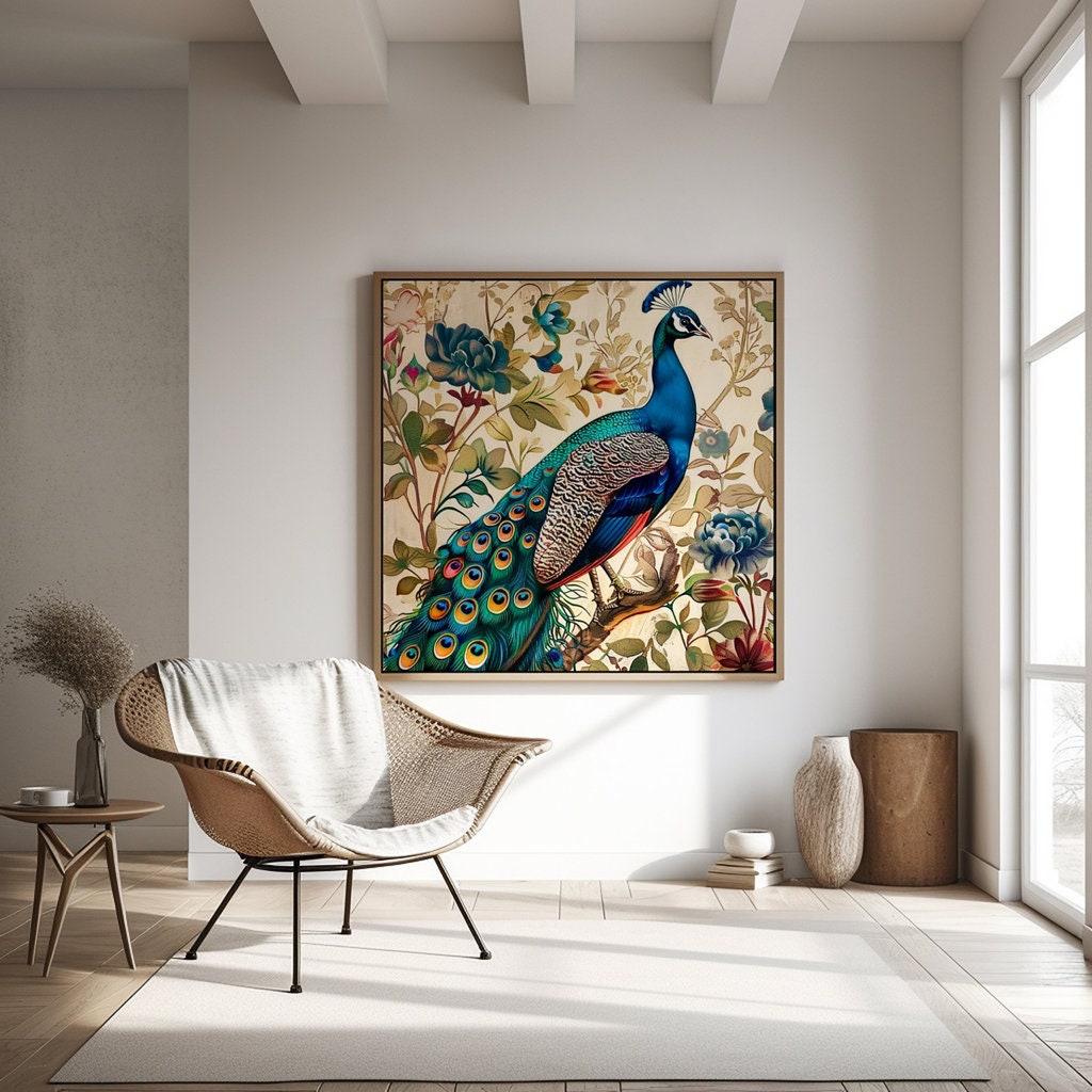 Majestic Peacock Perched on Branch with Vibrant Blue and Green Interactive Wall Art