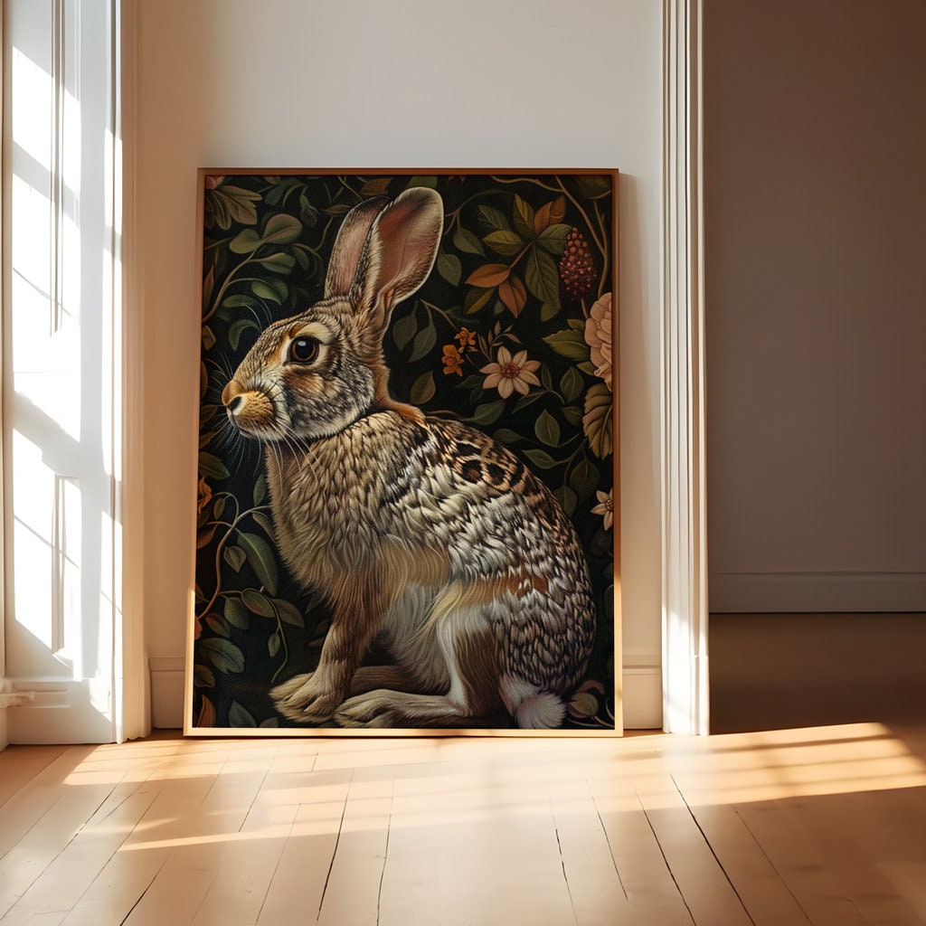 The Garden Guardian: Whimsical Jackrabbit in a Lush Floral Haven | Dark Botanical Art