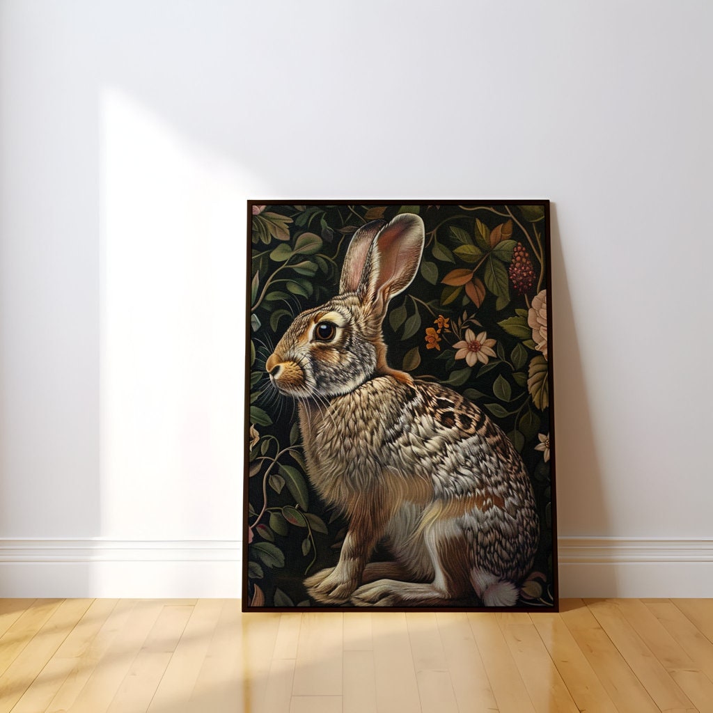 The Garden Guardian: Whimsical Jackrabbit in a Lush Floral Haven | Dark Botanical Art