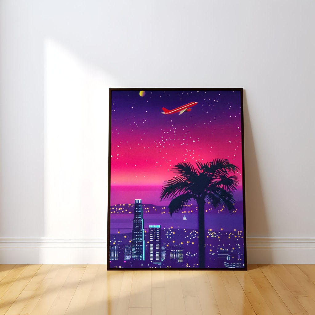 Neon Dreams: Retro-Futuristic 80s Cityscape | Vaporwave & Sci-Fi Wall Art