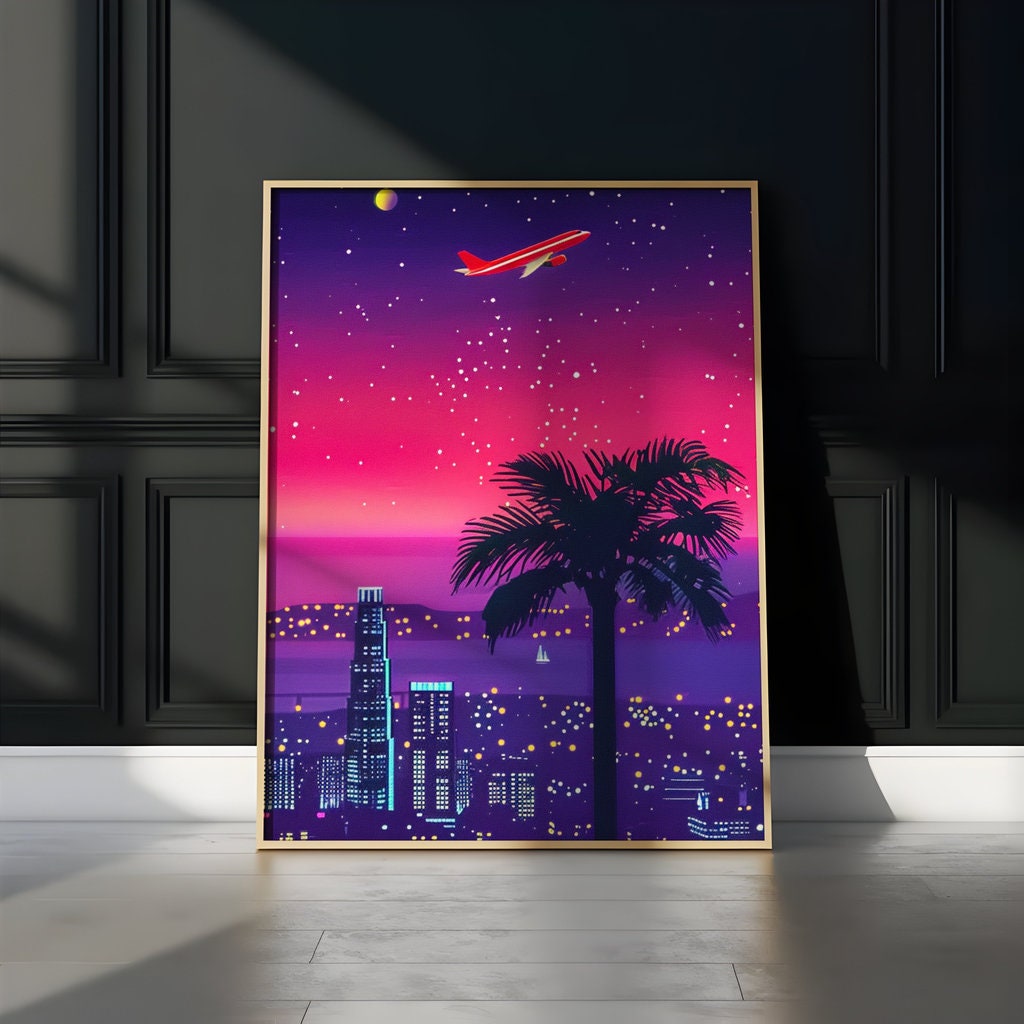 Neon Dreams: Retro-Futuristic 80s Cityscape | Vaporwave & Sci-Fi Wall Art