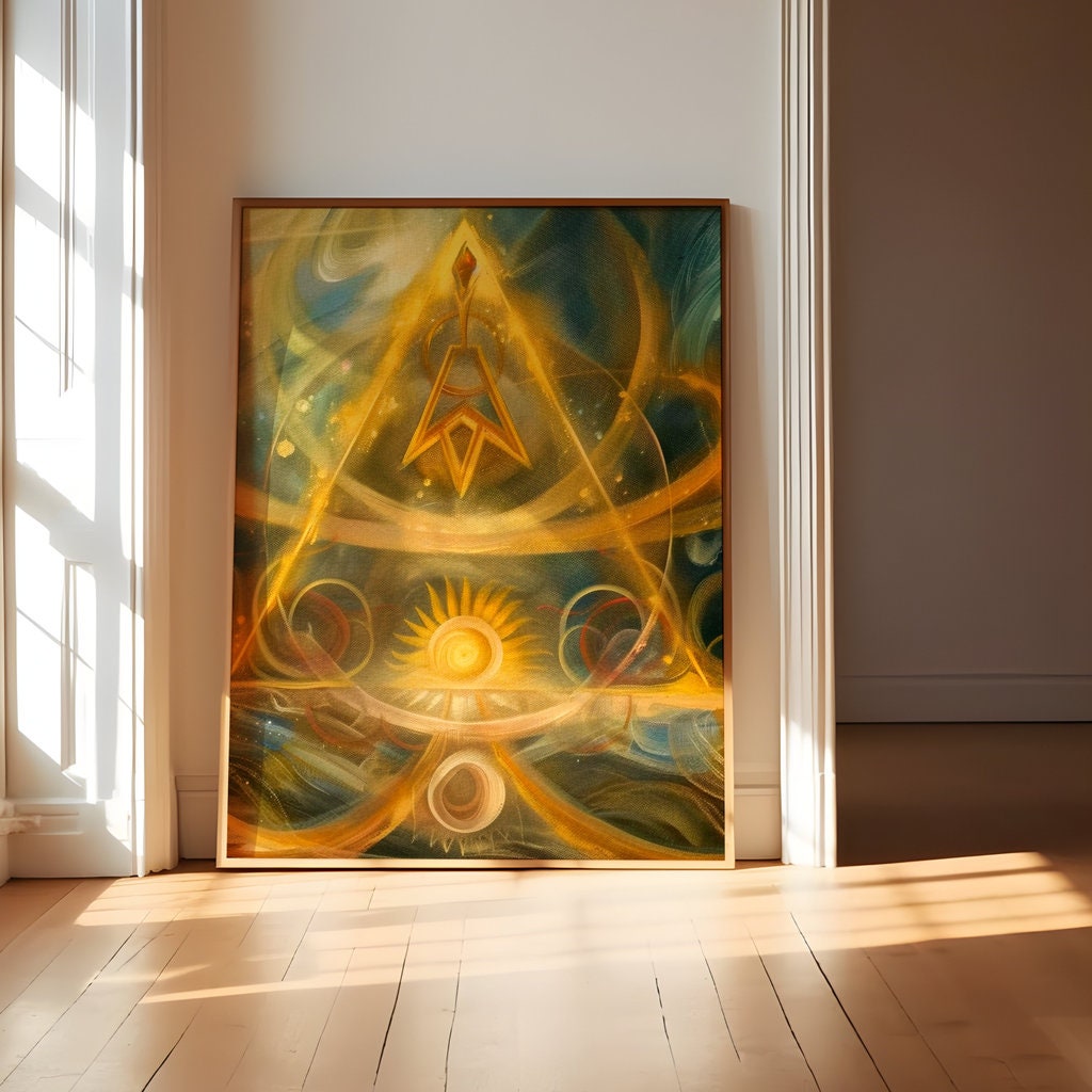 Cosmic Ascension Glowing Golden Pyramid with Ethereal Sun Interactive Wall Art