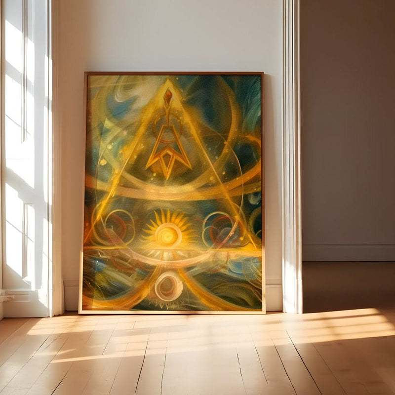 Golden Pyramid Wall Art – Yoga Studio Decor with Mystical Art Print & Ethereal Sun Illustration
