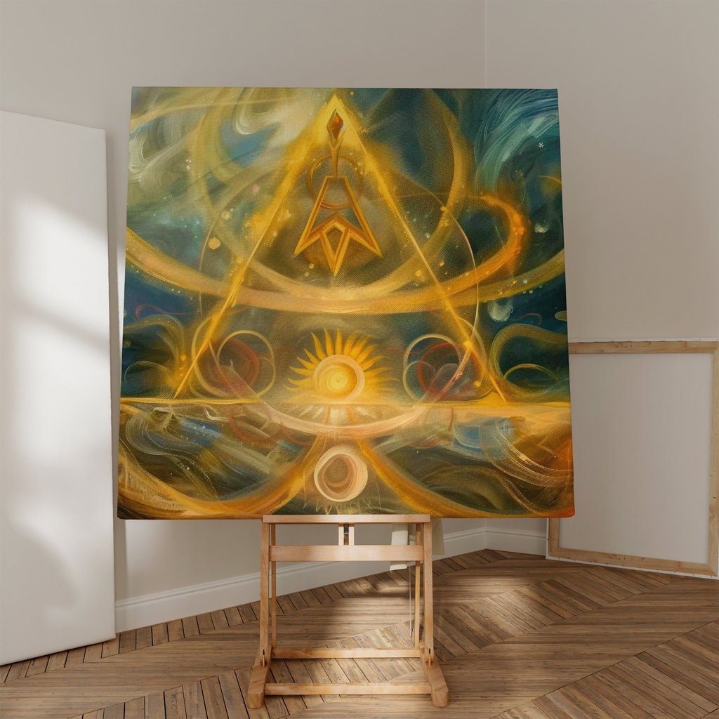 Cosmic Ascension Glowing Golden Pyramid with Ethereal Sun Interactive Wall Art