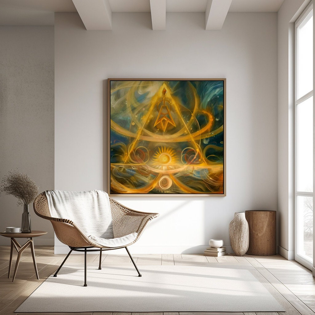 Cosmic Ascension Glowing Golden Pyramid with Ethereal Sun Interactive Wall Art