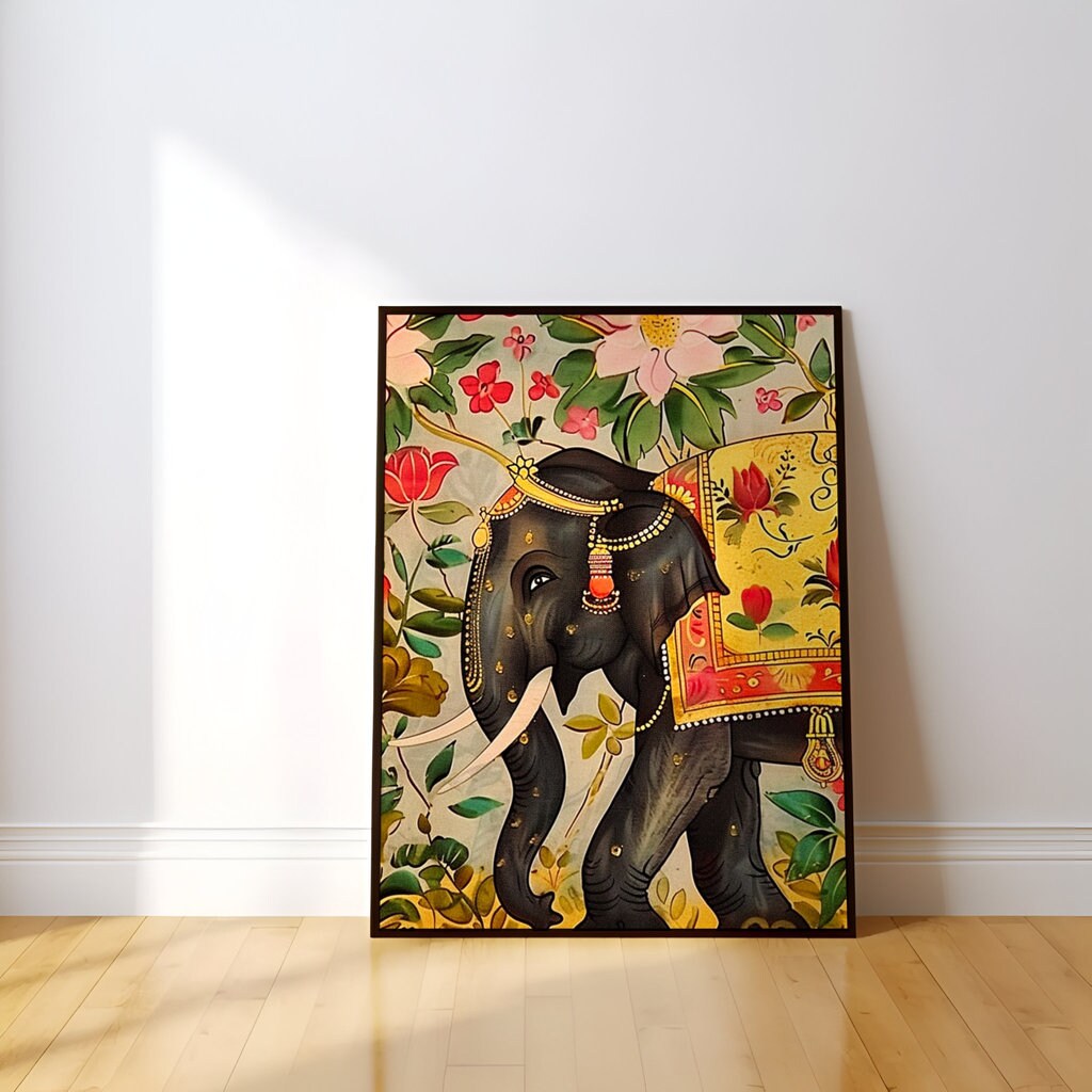 Regal Elephant Splendor Majestic Indian Elephant Adorned with Ornate Lush Floral Interactive Wall Art