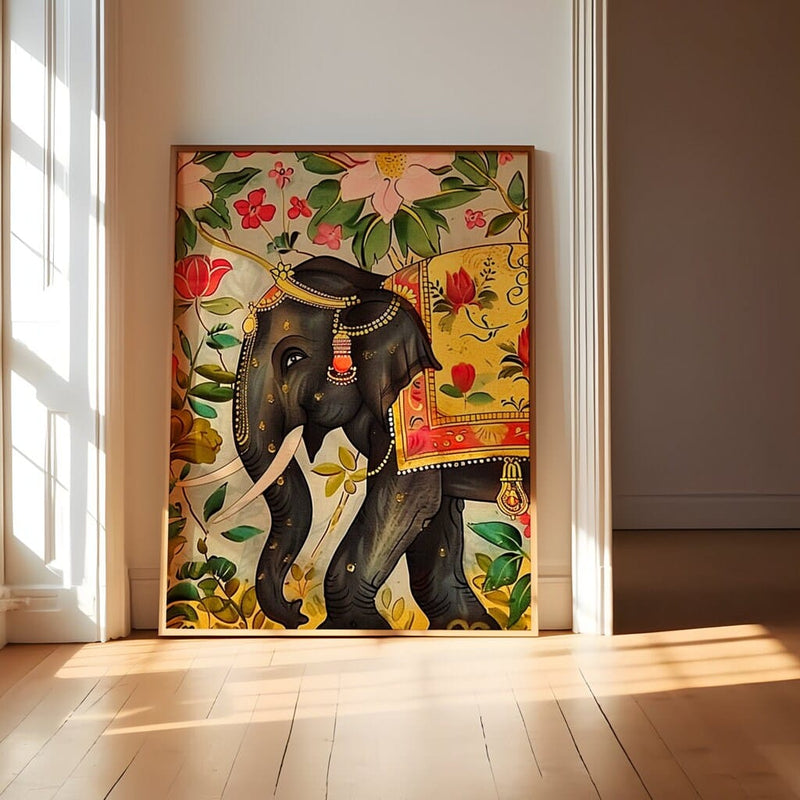 Regal Indian Elephant Art – Majestic Elephant Print with Ornate Jewelry & Floral Patterns