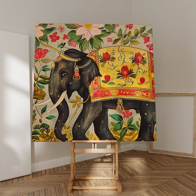 Regal Elephant Splendor Majestic Indian Elephant Adorned with Ornate Lush Floral Interactive Wall Art