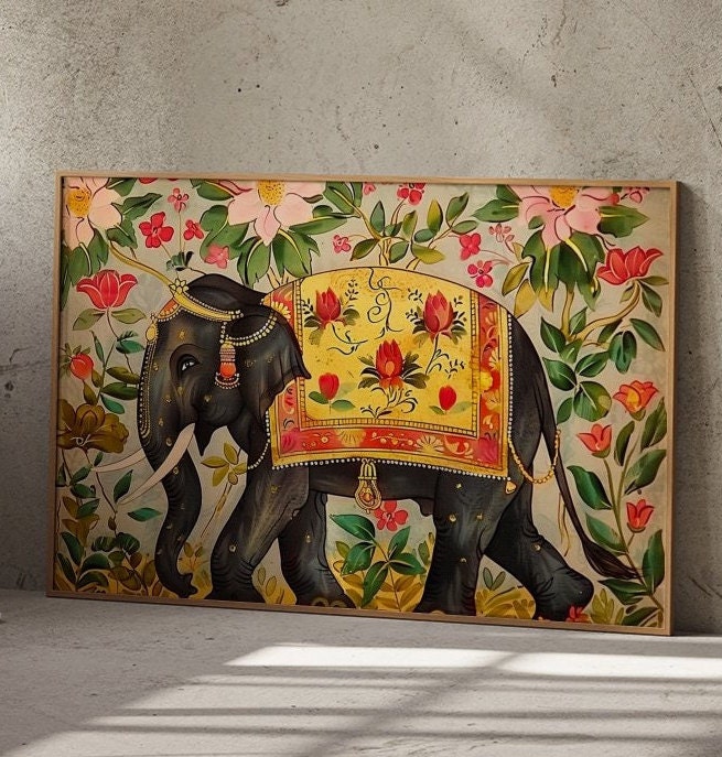 Regal Elephant Splendor Majestic Indian Elephant Adorned with Ornate Lush Floral Interactive Wall Art