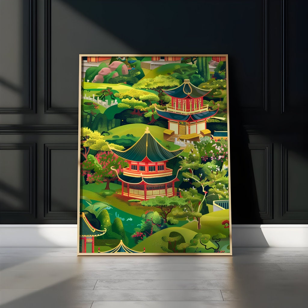 Enchanted Garden: Whimsical Chinese Pagoda & Cherry Blossom Art | Playful & Serene Landscape Decor