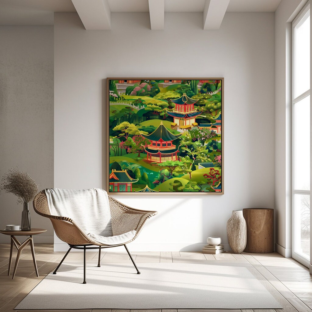 Enchanted Garden: Whimsical Chinese Pagoda & Cherry Blossom Art | Playful & Serene Landscape Decor
